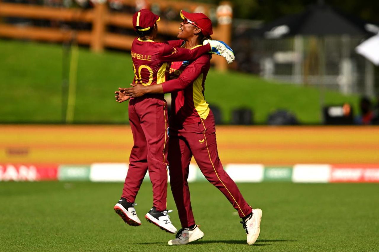Hayley Matthews and Shemaine Campbelle celebrate the dismissal of Amy Jones, England vs West Indies, Women's World Cup, Dunedin, March 9, 2022