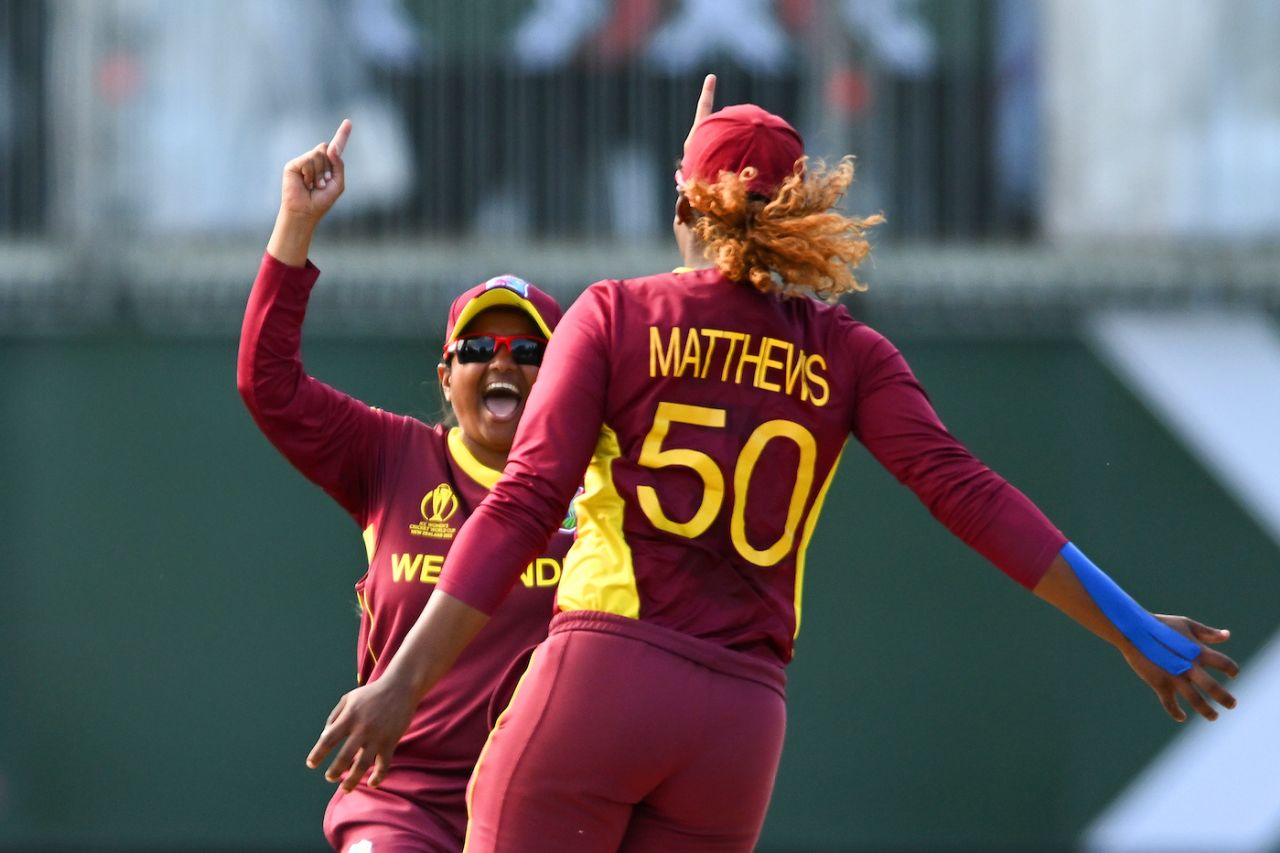 Anisa Mohammed celebrates the win with Hayley Matthews, who played a key role again, England vs West Indies, Women's World Cup 2022, Dunedin, March 9, 2022