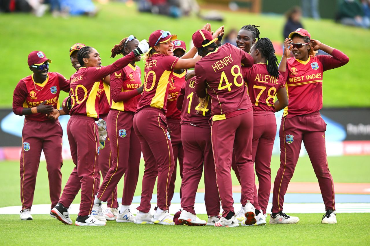 Anisa Mohammed is mobbed by her team-mates after West Indies' win, England vs West Indies, Women's World Cup 2022, Dunedin, March 9, 2022