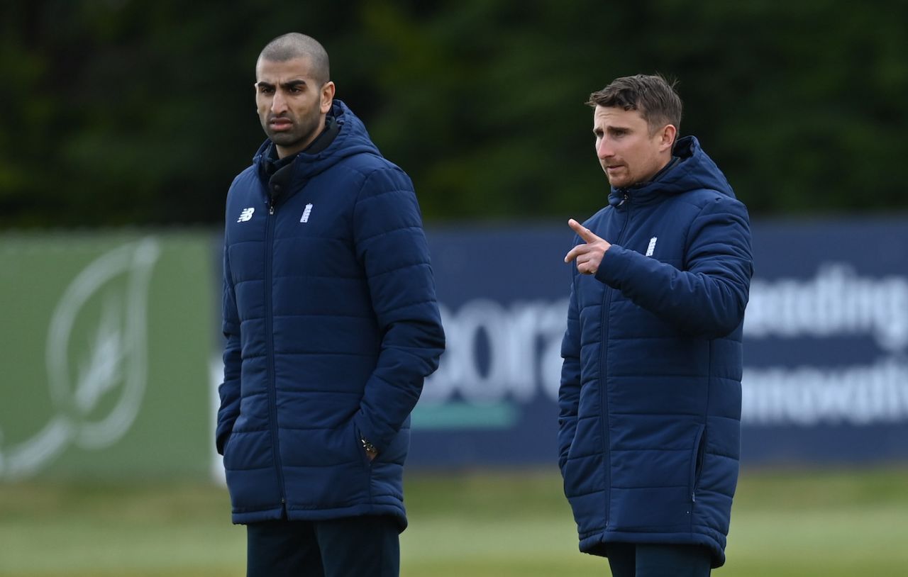 England men's performance director Mo Bobat and chief scout James Taylor, Derbyshire vs Nottinghamshire, LV= County Championship, Derby, 2nd day, April 30, 2021