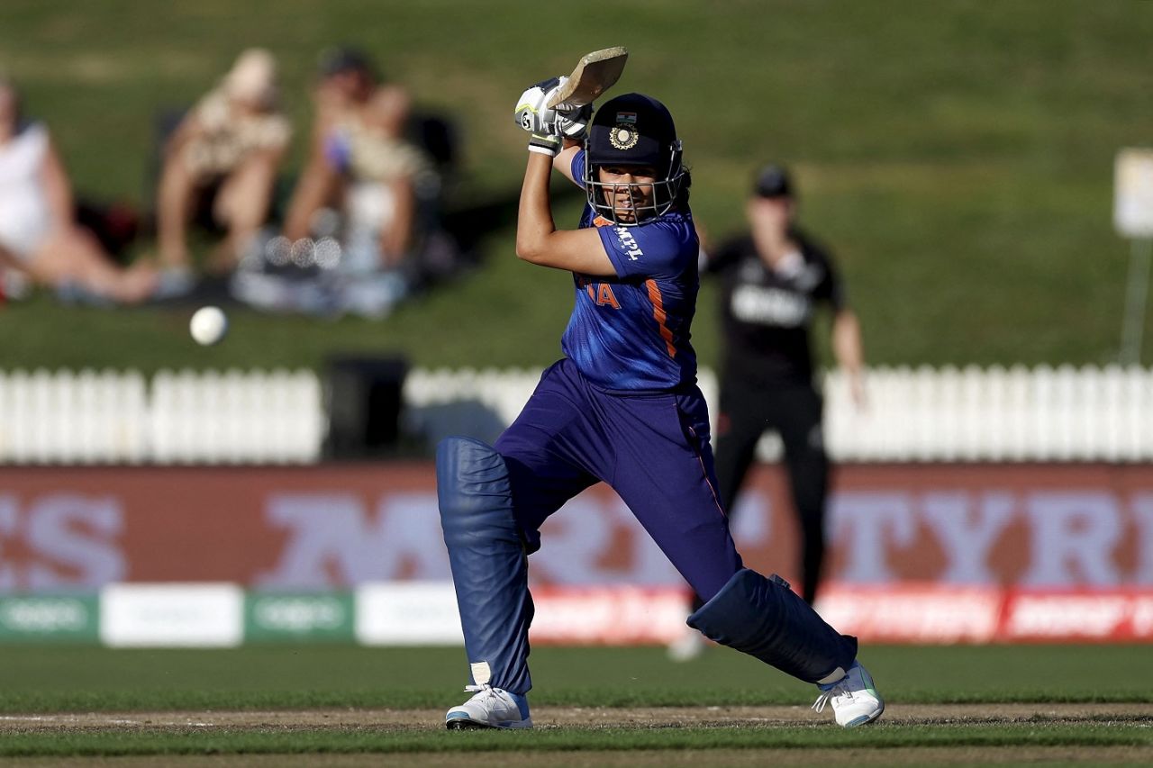 Yastika Bhatia drives through the covers, New Zealand vs India, Women's World Cup 2022, Hamilton, March 10, 2022
