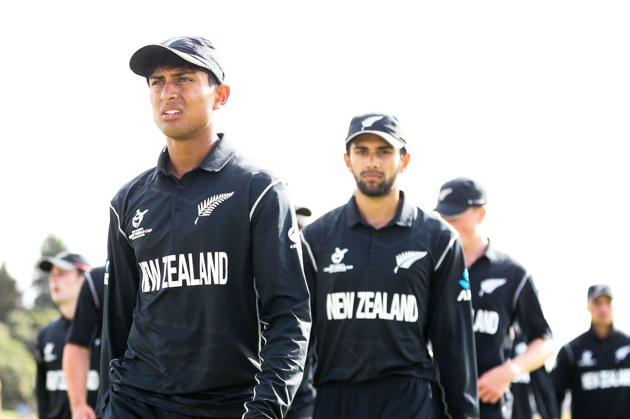 Rachin Ravindra walks off the field with his team-mates, New Zealand v West Indies, Under-19 World Cup, Group A, Mount Maunganui, January 13, 2018
