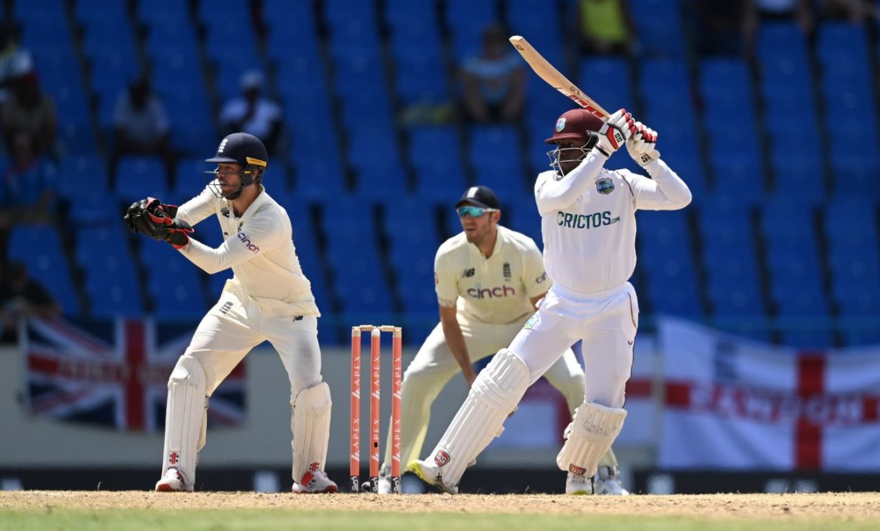Nkrumah Bonner drives through the off side, West Indies vs England, 1st Test, Antigua, 3rd day, March 10, 2022