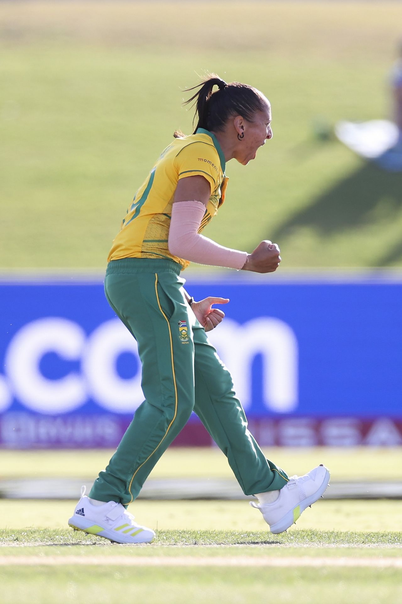 Shabnim Ismail screams after dismissing a batter, Pakistan vs South Africa, Women's World Cup 2022, Mount Maunganui, March 11, 2022
