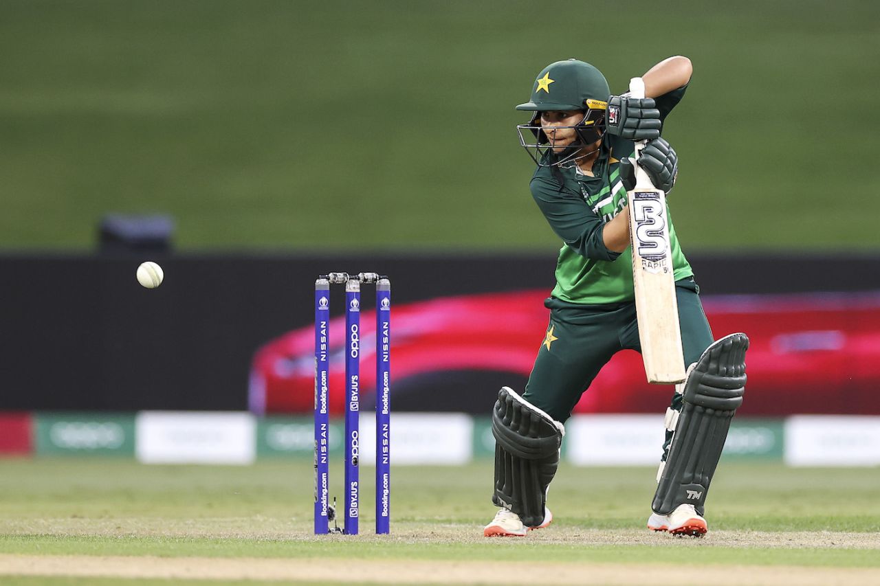 Nida Dar guides the ball away on the off side, Pakistan vs South Africa, Women's World Cup 2022, Mount Maunganui, March 11, 2022