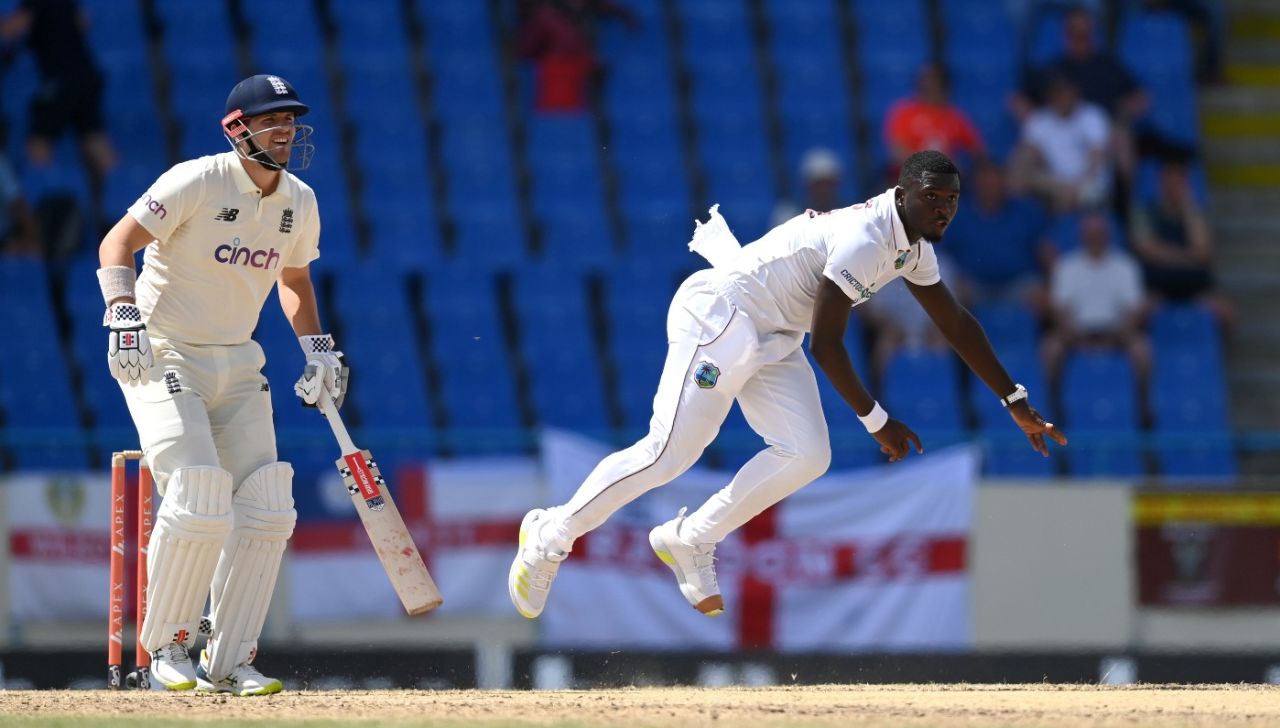 Jayden Seales bowls during England's second innings, West Indies vs England, 1st Test, Antigua, 4th day, March 11, 2022