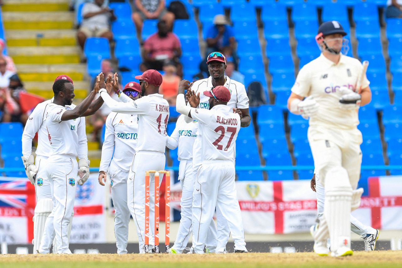 Jayden Seales bowls during England's second innings, West Indies vs England, 1st Test, Antigua, 4th day, March 11, 2022