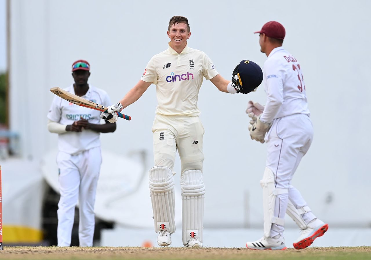 Zak Crawley celebrates reaching his century, West Indies vs England, 1st Test, Antigua, 4th day, March 11, 2022