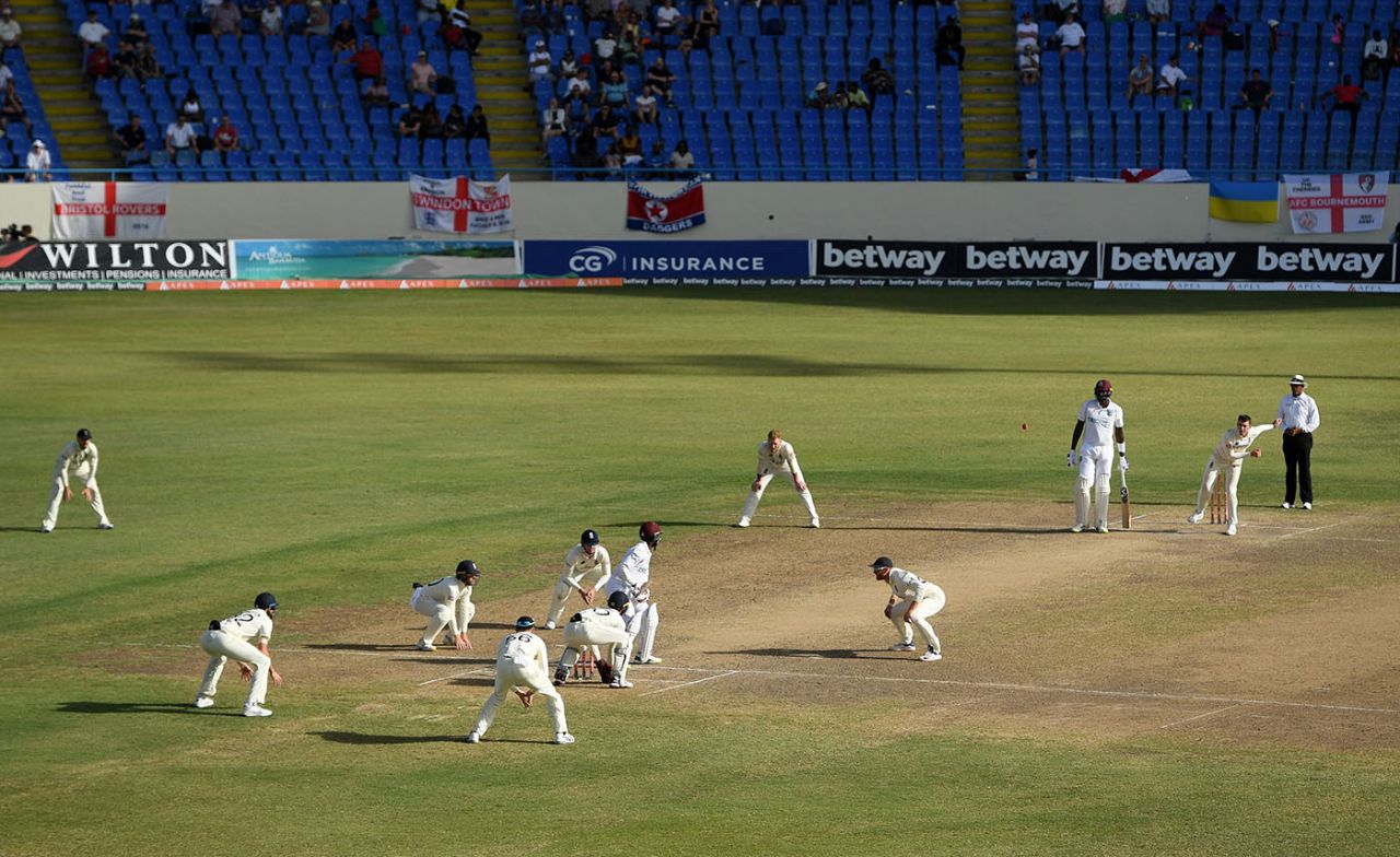 Dan Lawrence bowls to Nkrumah Bonner close-in catchers, West Indies vs England, 1st Test, Antigua, 5th day, March 12, 2022