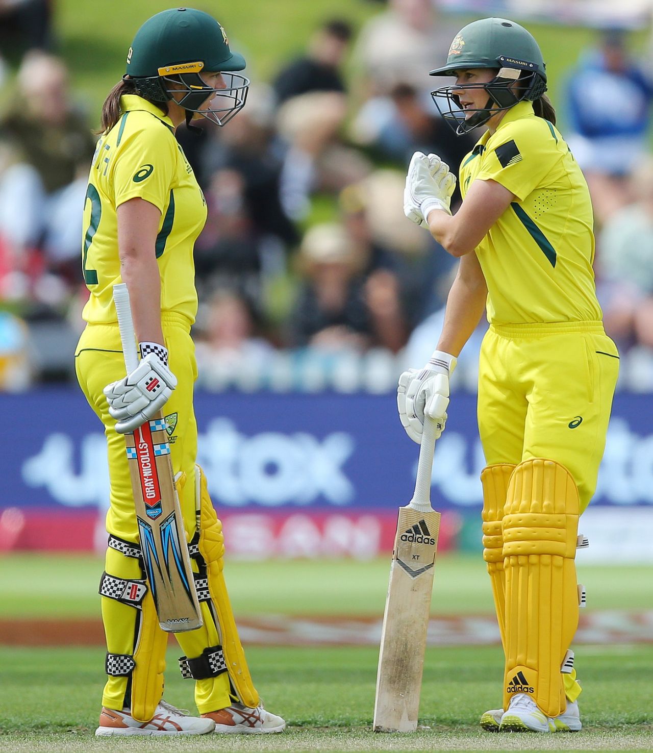 Tahlia McGrath and Ellyse Perry chat during their partnership, New Zealand vs Australia,  Women's World Cup 2022, Wellington, March 13, 2022