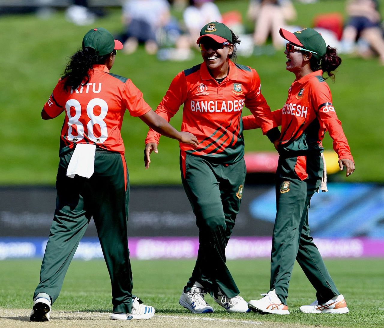 Rumana Ahmed celebrates a wicket with team-mates Ritu Moni and Nigar Sultana, Bangladesh vs South Africa, Women's World Cup 2022, Dunedin, March 5, 2022