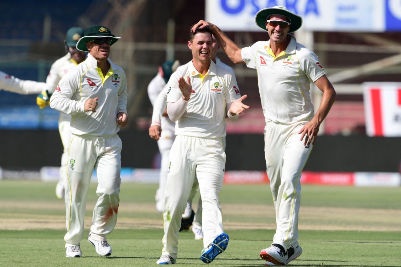 Mitchell Swepson celebrates his first Test wicket, Pakistan vs Australia, 2nd Test, Karachi, March 14, 2022