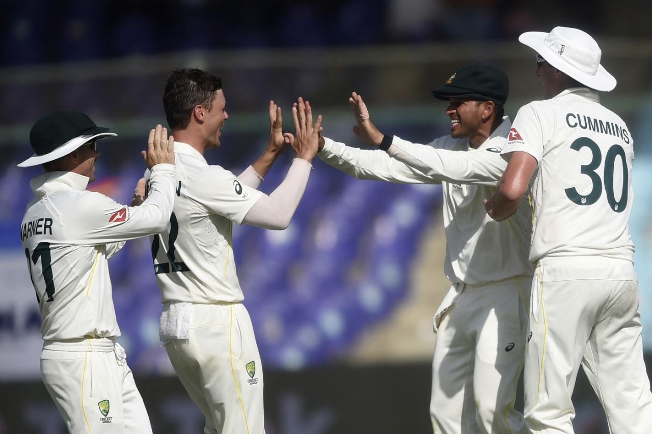 Usman Khawaja took the catch for Mitchell Swepson's first Test wicket, Pakistan vs Australia, 2nd Test, Karachi, March 14, 2022
