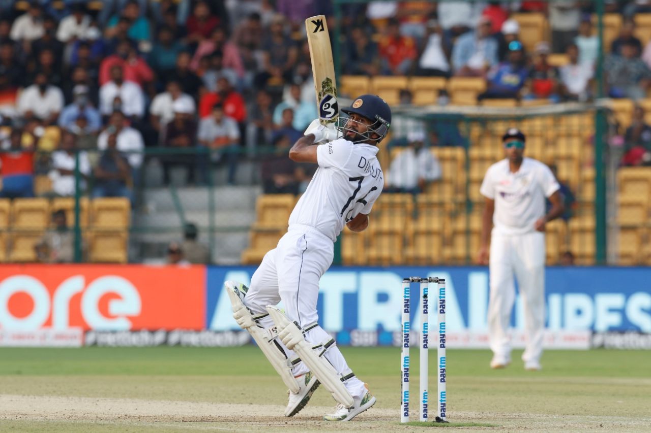 Dimuth Karunaratne top scored for Sri Lanka with a solid 107 off 174, India vs Sri Lanka, 2nd Test, Bengaluru, 3rd day, March 14, 2022