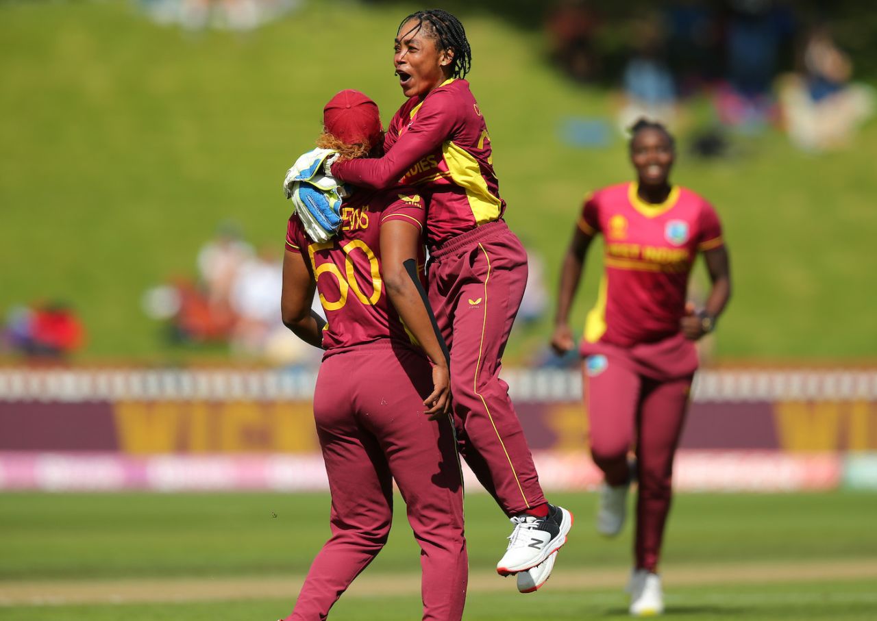 Shemaine Campbelle roars in celebration with Hayley Matthews, Australia vs West Indies, Women's World Cup 2022, Wellington, March 15, 2022