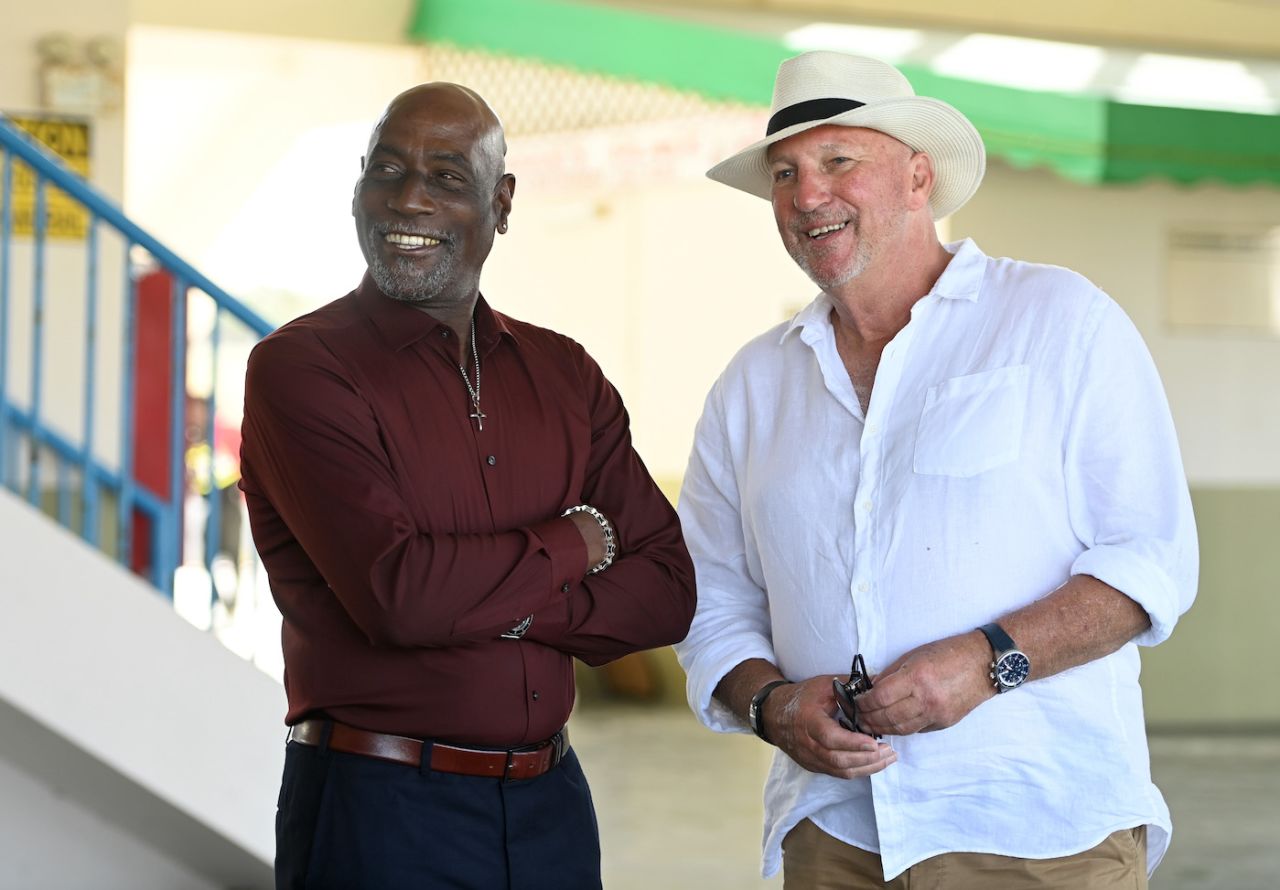 Viv Richards and Ian Botham at the unveiling of the Richards-Botham Trophy, North Sound, March 6, 2022