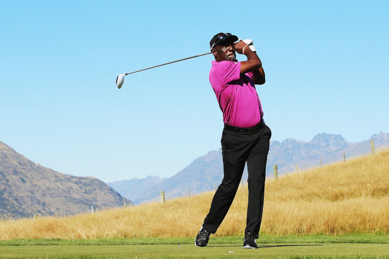 Viv Richards tees off at the New Zealand Open, Queenstown, March 15, 2015