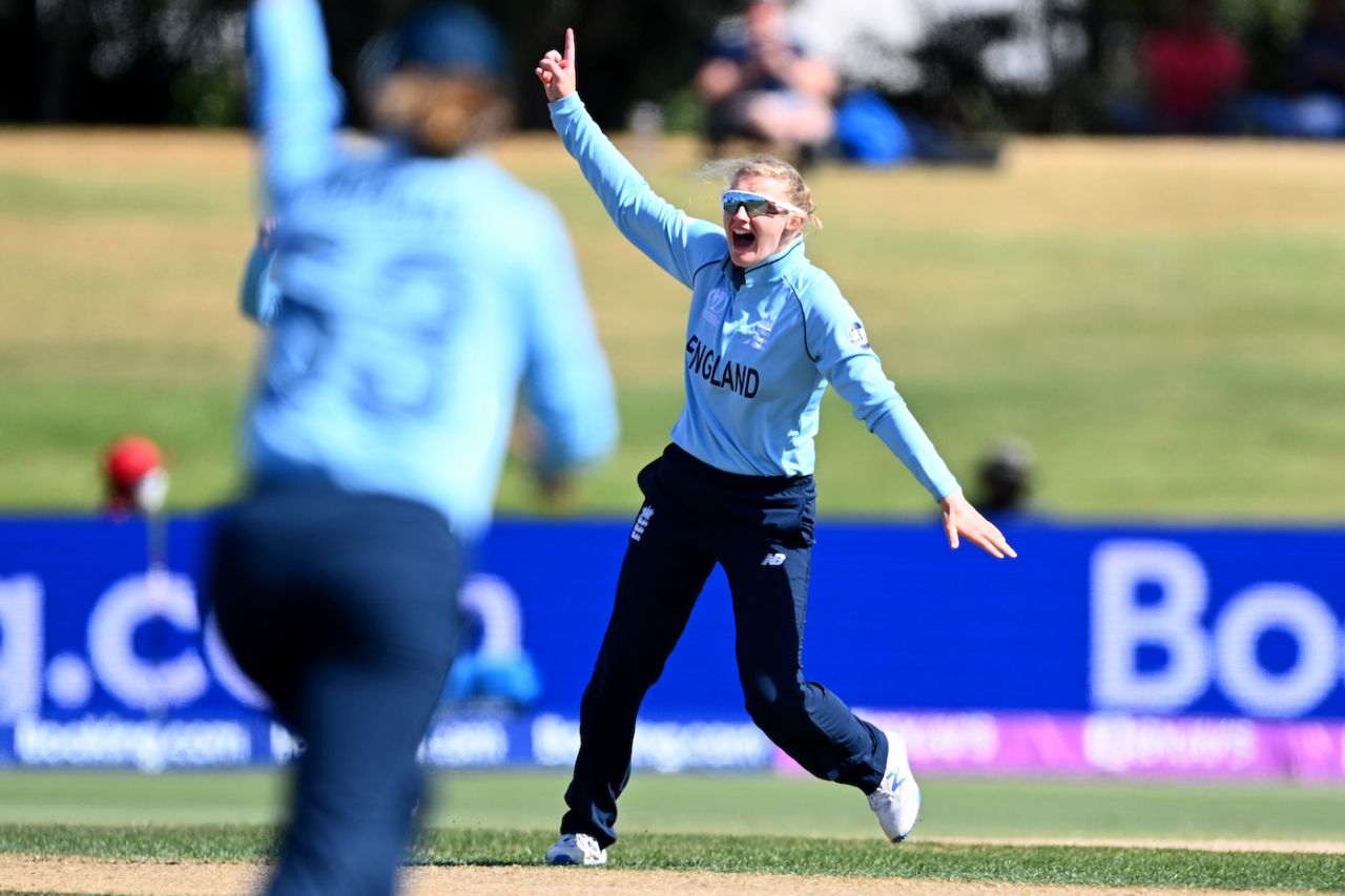 Charlie Dean goes up in celebration after striking early, England vs India, Women's World Cup 2022, Mount Maunganui, March 16, 2022