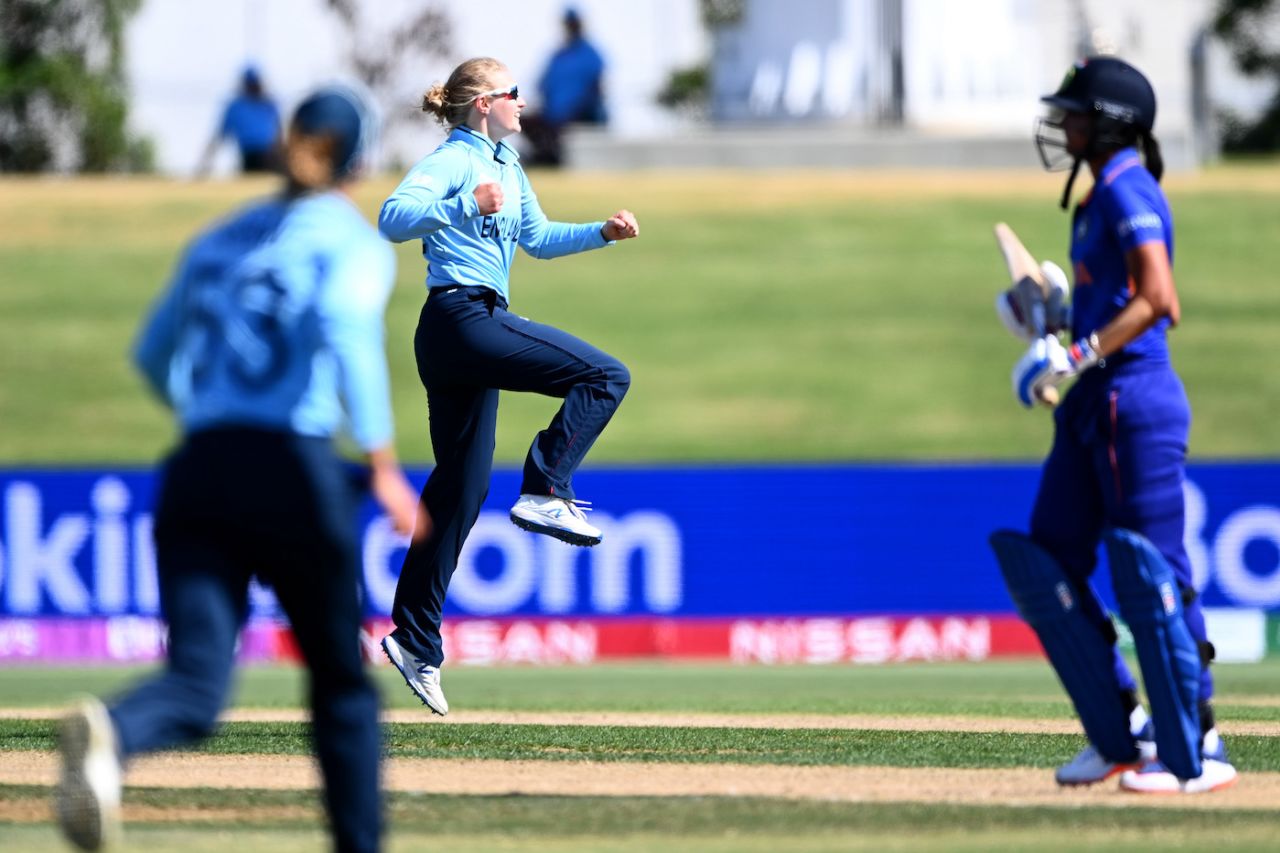 Charlie Dean leaps with joy after removing the dangerous Harmanpreet Kaur, England vs India, Women's World Cup 2022, Mount Maunganui, March 16, 2022