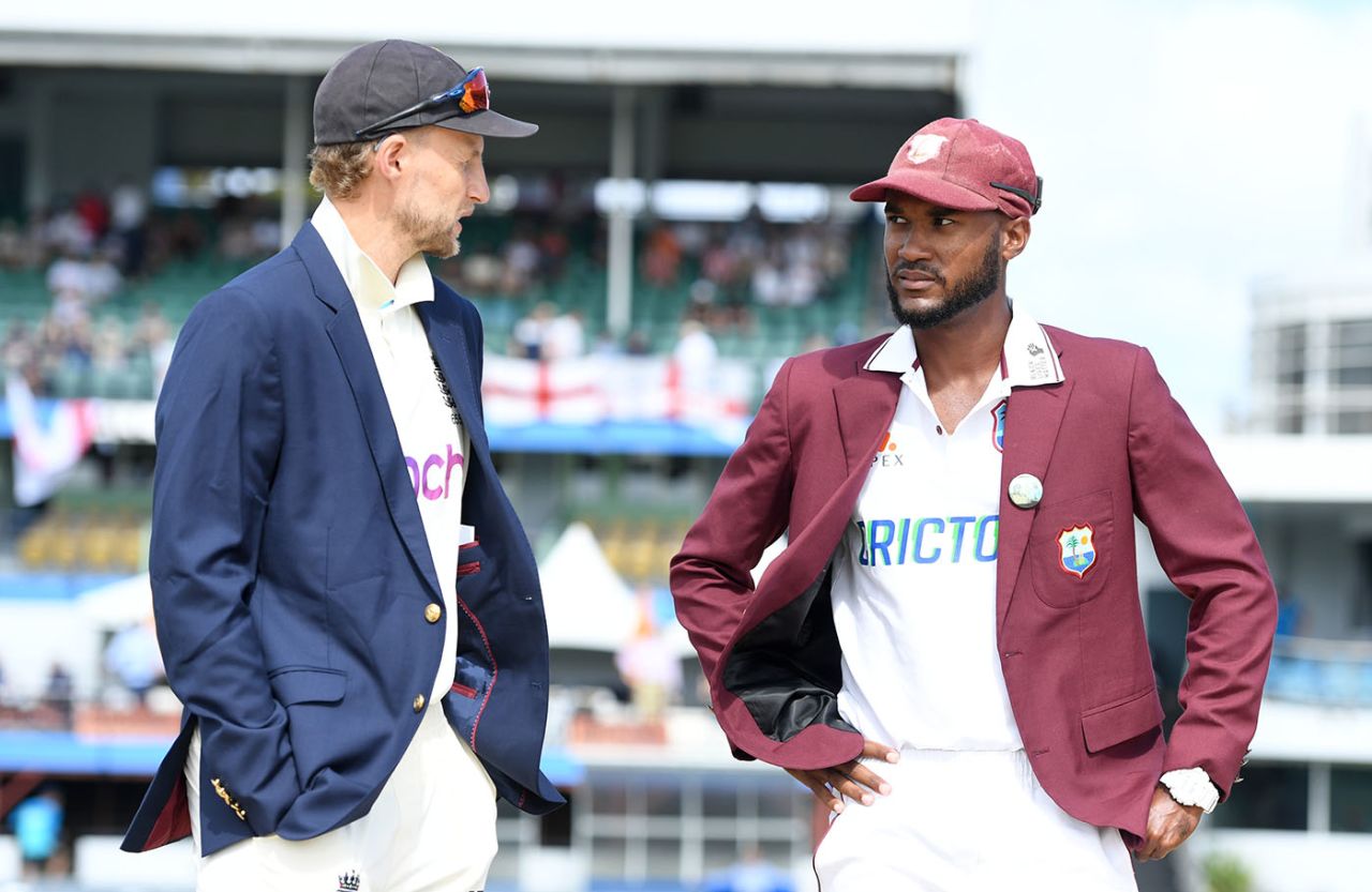 Joe Root and Kraigg Brathwaite at the toss, West Indies vs England, 2nd Test, Day 1, Kensington Oval, Barbados, March 16, 2022
