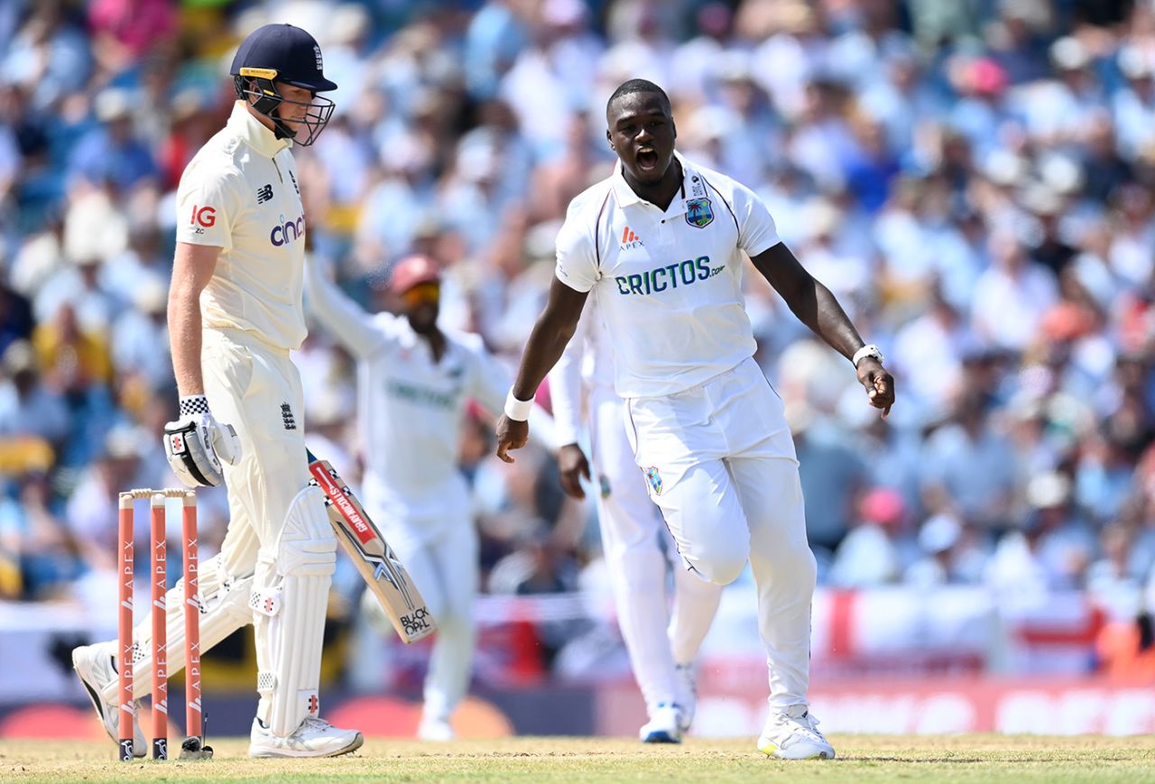 Jayden Seales made the breakthrough in his second over, West Indies vs England, 2nd Test, Kensington Oval, 1st day, Barbados, March 16, 2022