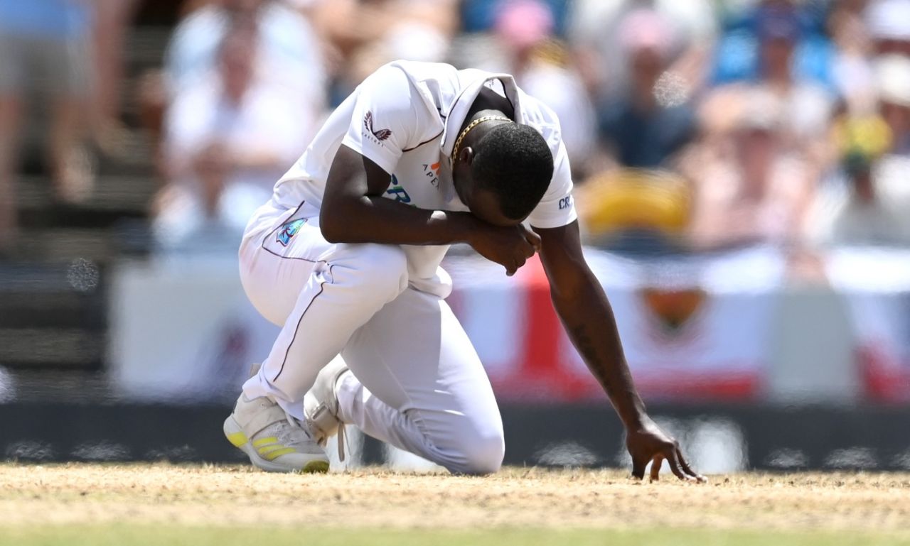 Kemar Roach reacts after a dropped catch off Joe Root, West Indies vs England, 2nd Test, Kensington Oval, 1st day, Barbados, March 16, 2022