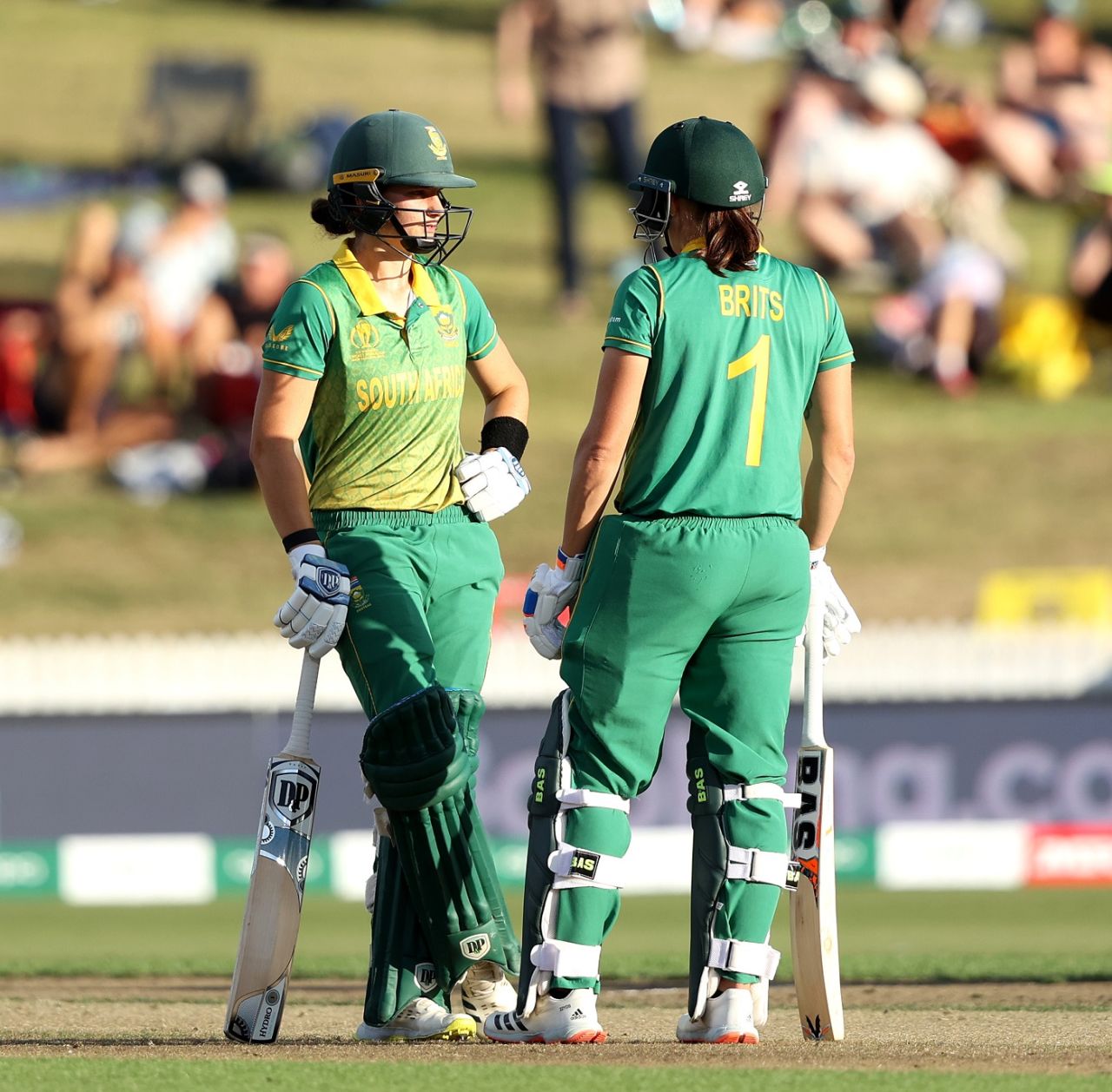 Laura Wolvaardt and Tazmin Brits chat during their partnership, New Zealand vs South Africa, Women's World Cup 2022, Hamilton, March 17, 2022