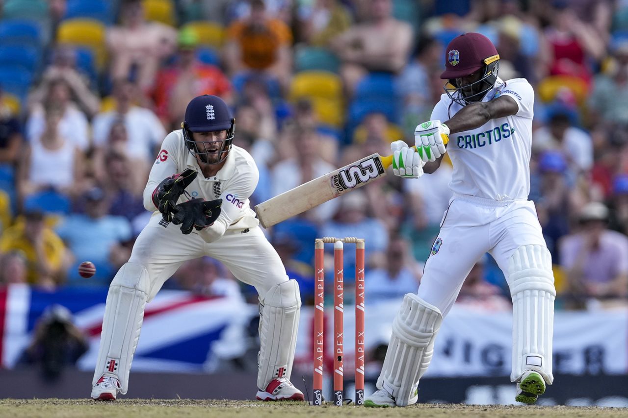 Shamarh Brooks goes back to cut, West Indies vs England, 2nd Test, Kensington Oval, Barbados, 2nd day, March 17, 2022