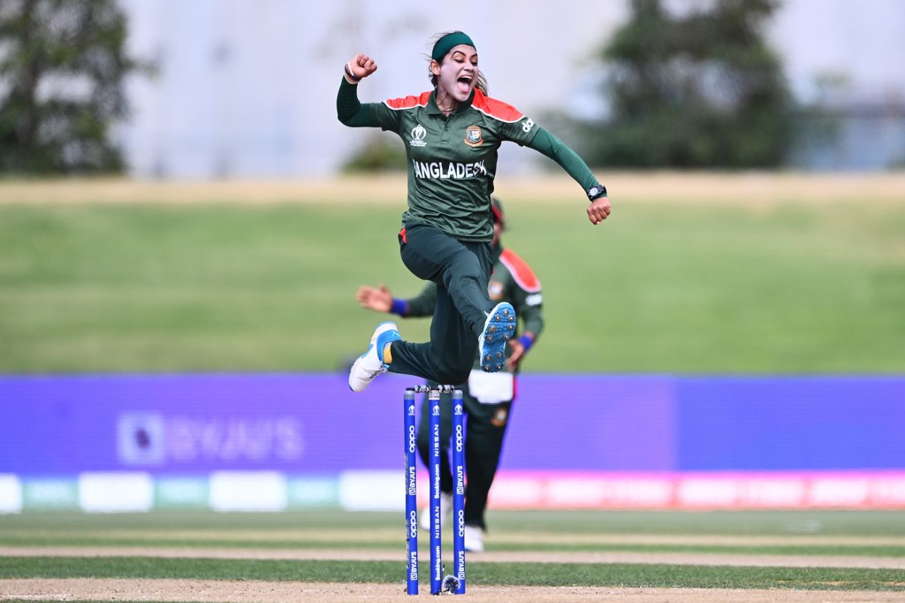 An ecstatic Jahanara Alam leaps after dismissing Deandra Dottin, Bangladesh vs West Indies, Women's World Cup 2022, Mount Maunganui, March 18, 2022