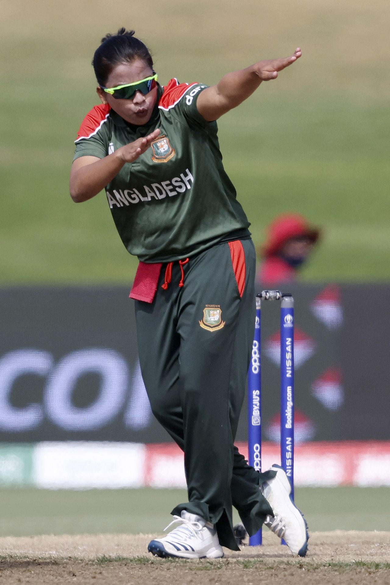 Nahida Akter celebrates after dismissing Stafanie Taylor, Bangladesh vs West Indies, Women's World Cup 2022, Mount Maunganui, March 18, 2022