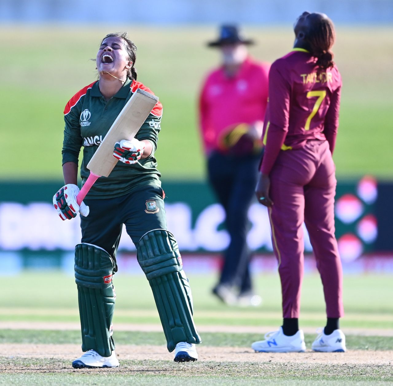 Nahida Akter expresses her disappointment as Stafanie Taylor takes a moment to savour a hard-fought win, Bangladesh vs West Indies, Women's World Cup 2022, Mount Maunganui, March 18, 2022