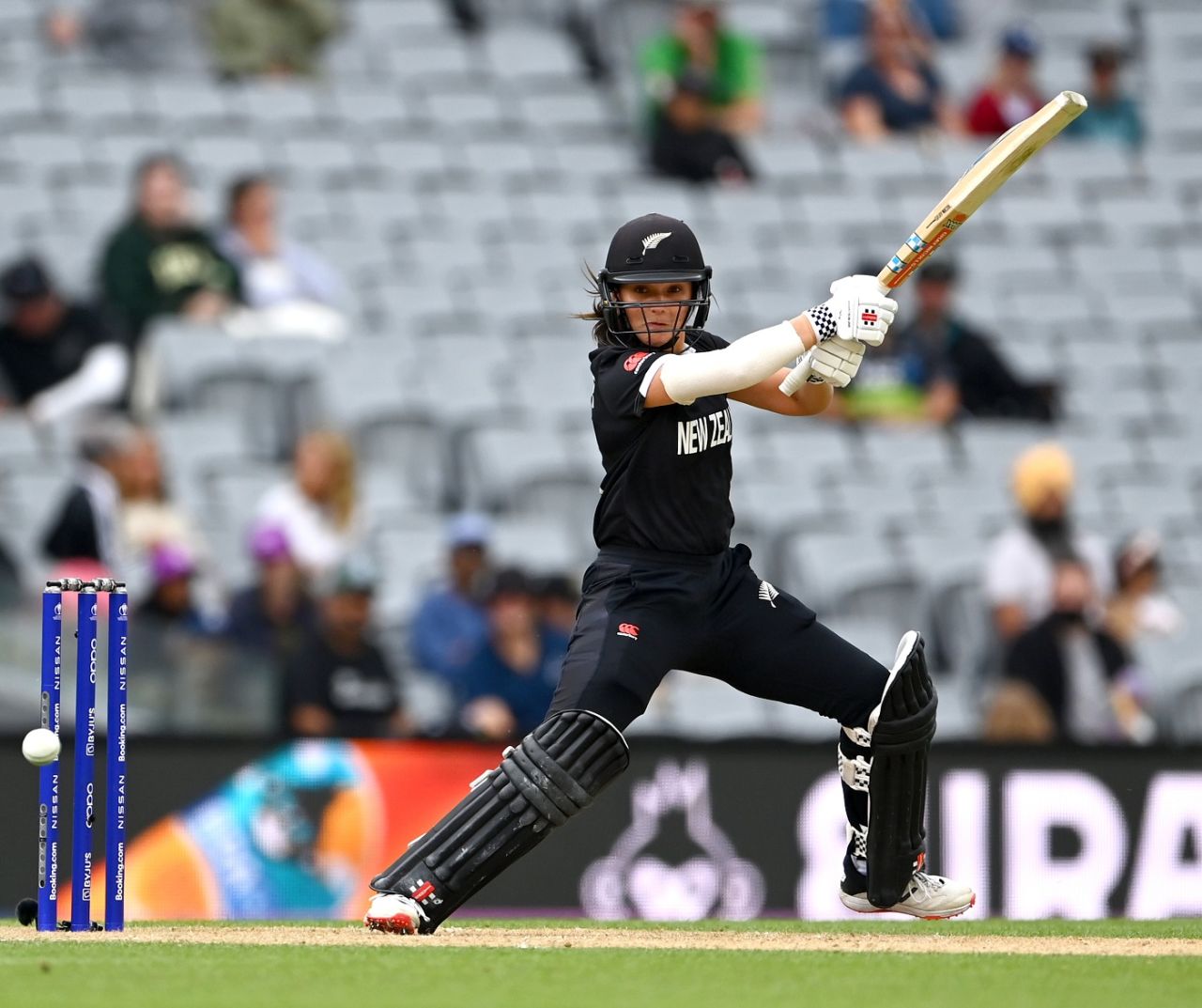 Amelia Kerr goes deep inside the crease to play the cut, New Zealand vs England, Women's World Cup 2022, Auckland, March 20, 2022