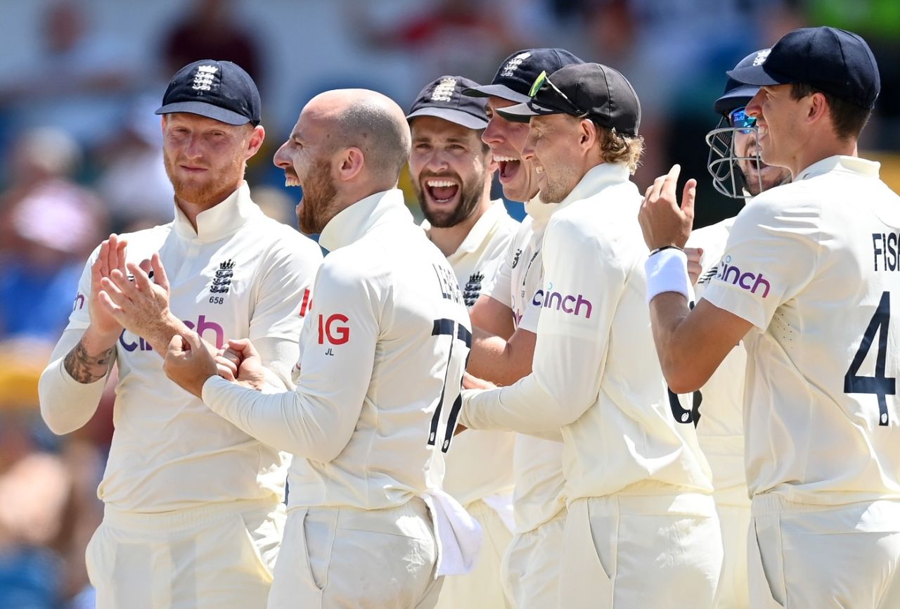 Jack Leach struck early for England in the fourth innings, West Indies vs England, 2nd Test, Kensington Oval, Barbados, 5th day, March 20, 2022