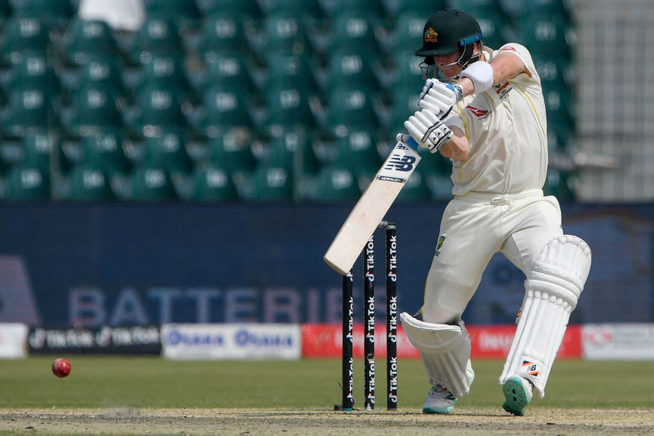 Steven Smith drives, Pakistan vs Australia, 3rd Test, Lahore, 1st day, March 21, 2022