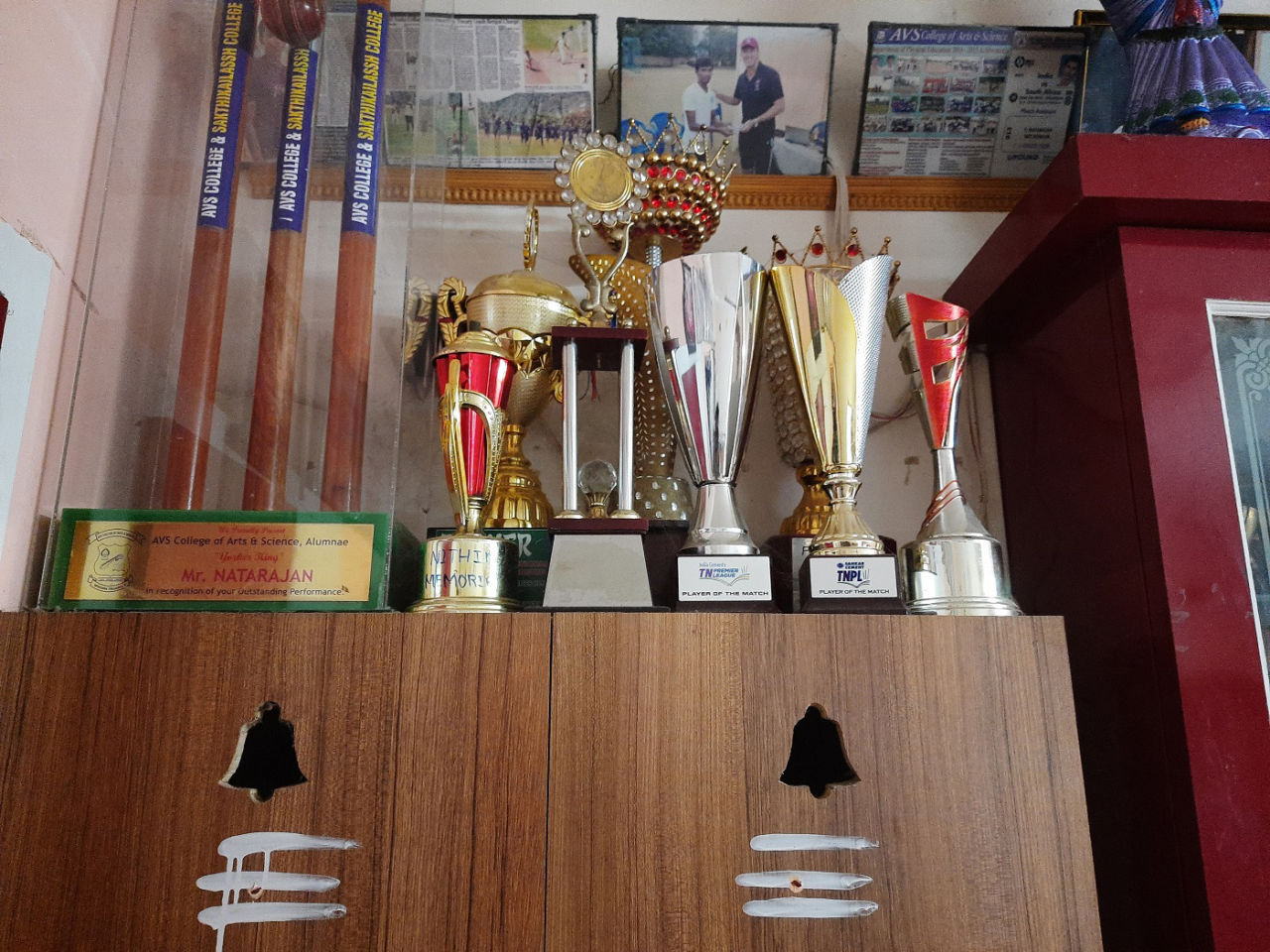 The trophy cabinet at T Natarajan's home in Chinnappampatti