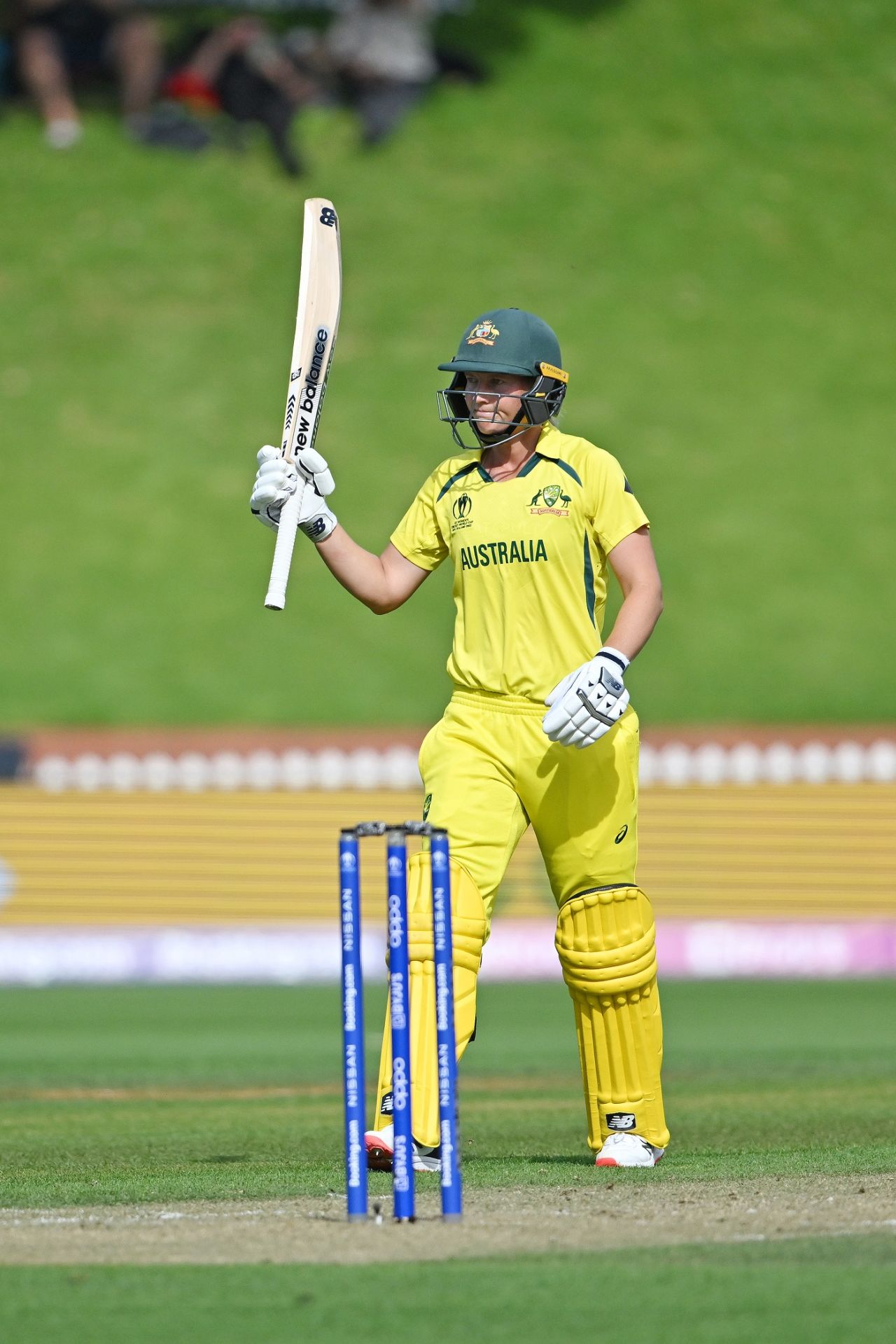 Meg Lanning raises her bat upon reaching fifty, South Africa vs Australia, Women's World Cup 2022, Wellington, March 22, 2022