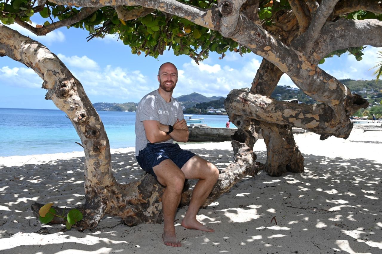 Jack Leach poses on the beach after England's arrival in Grenada, March 22, 2022