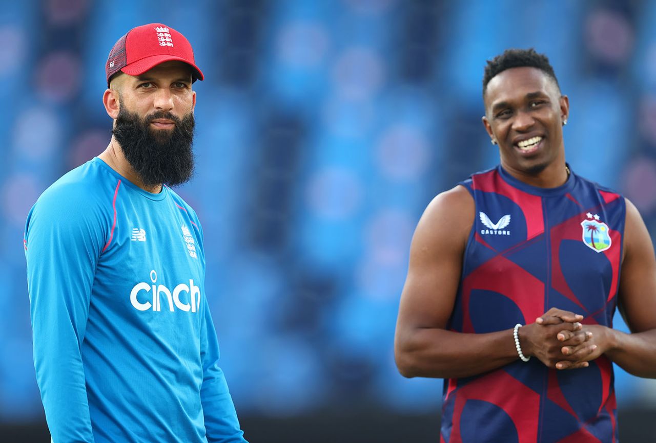 Moeen Ali and Dwayne Bravo catch up before a T20 World Cup fixture, England vs West Indies, T20 World Cup 2021, Super 12s, Dubai, October 23, 2021