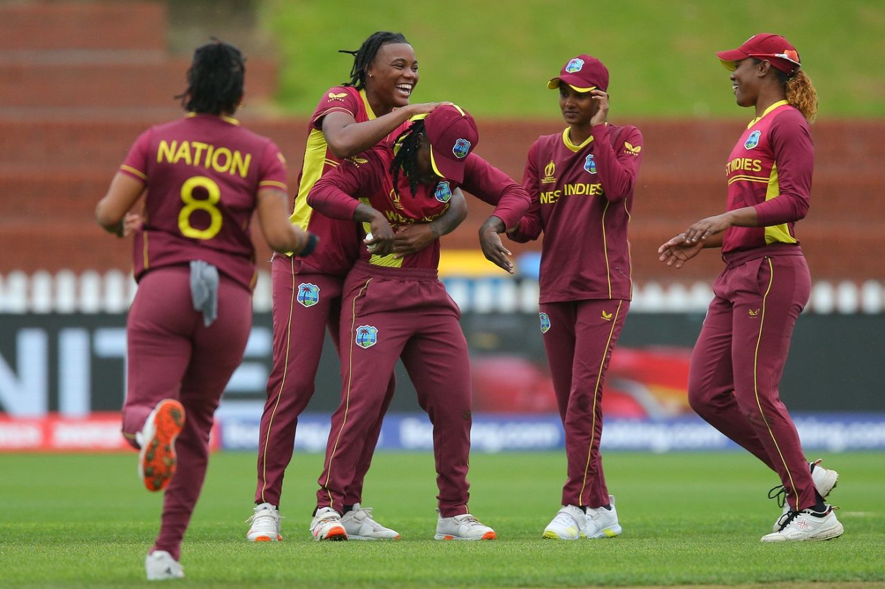 West Indies players celebrate the wicket of Laura Wolvaardt, South Africa vs West Indies, Women's World Cup, Wellington, March 24, 2022