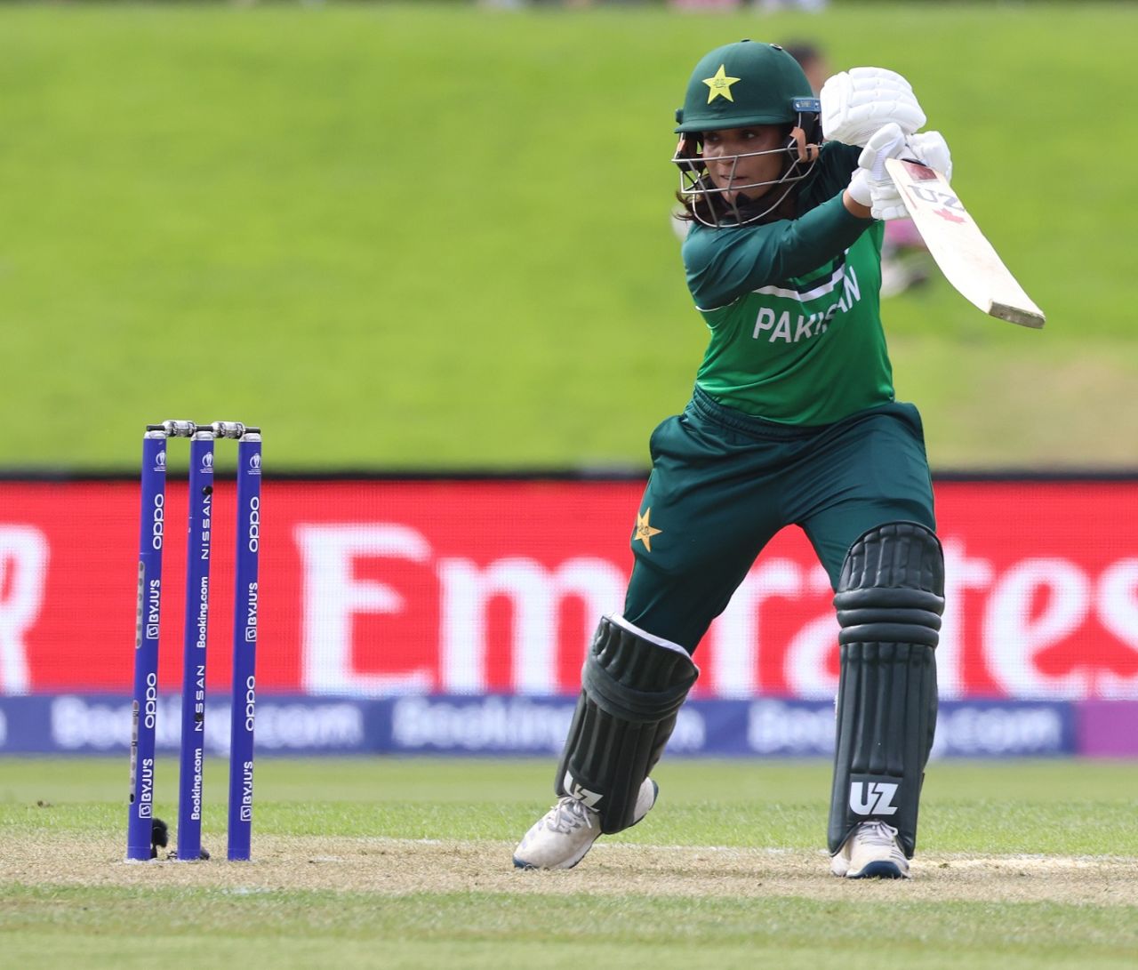 Sidra Ameen drives one through the off side, England vs Pakistan, Women's World Cup 2022, Christchurch, March 24, 2022