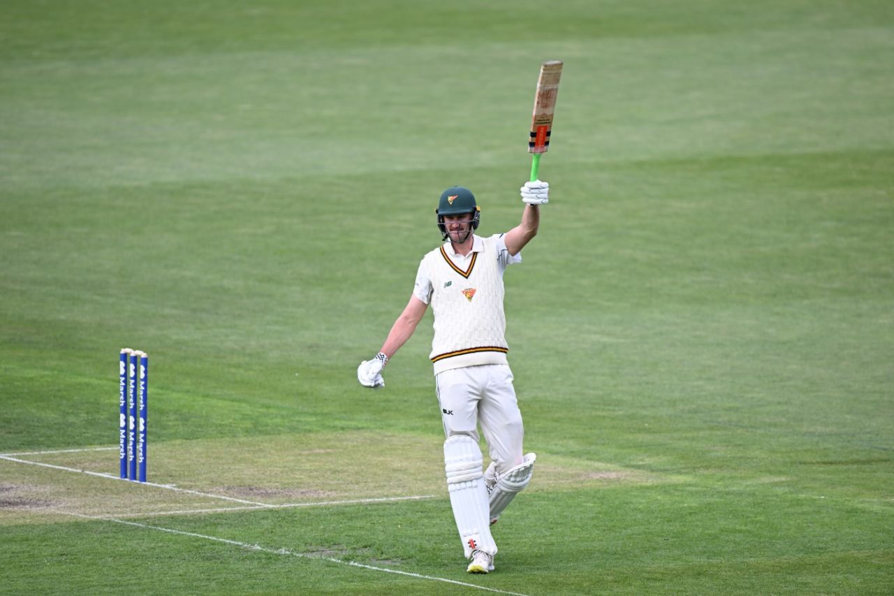 Beau Webster celebrates his century, Tasmania vs Queensland, Sheffield Shield, day 2, Hobart, March 24, 2022