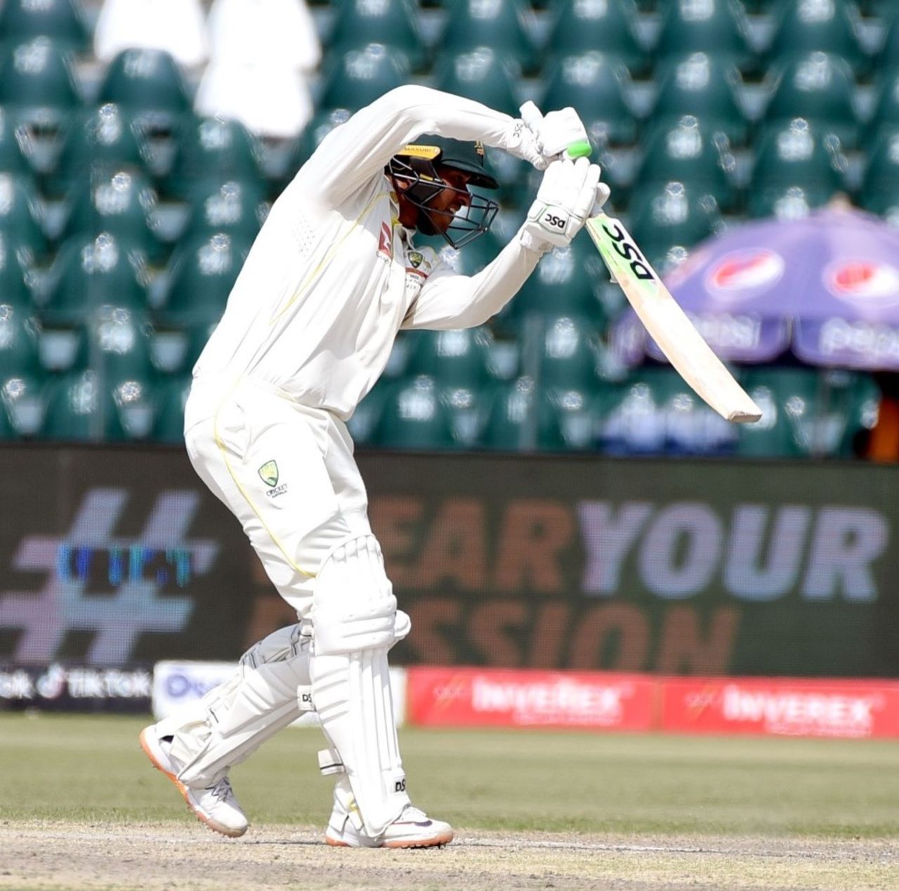 Usman Khawaja drives towards the covers on his way to a century, Pakistan vs Australia, 3rd Test, Lahore, 4th day, March 24, 2022