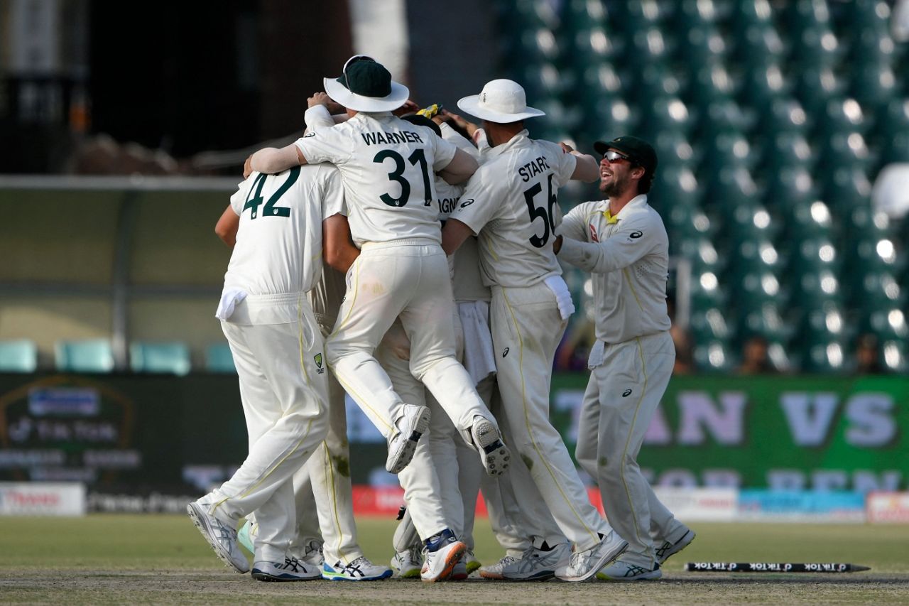 Australia players gather to celebrate the series win against Pakistan, Pakistan vs Australia, 3rd Test, Lahore, 5th day, March 25, 2022