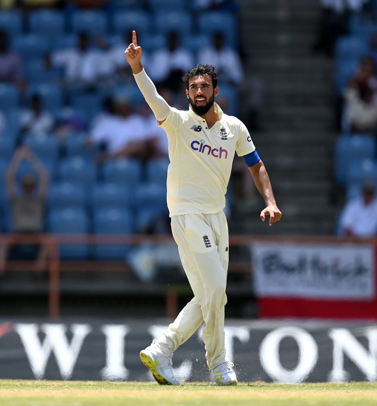 Saqib Mahmood celebrates after trapping Shamarh Brooks, West Indies vs England, 3rd Test, Grenada, 2nd day, March 25, 2022