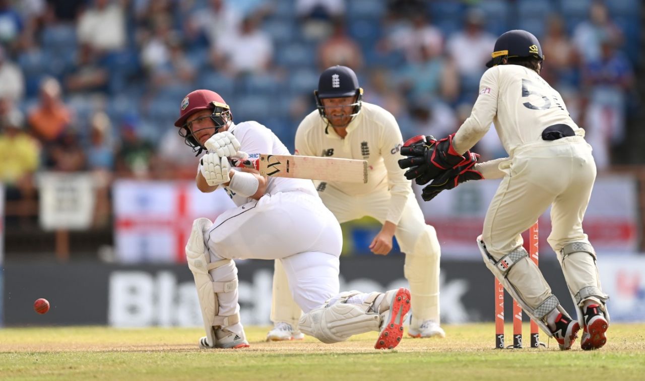 Joshua da Silva sweeps into the leg side, West Indies vs England, 3rd Test, Grenada, 2nd day, March 25, 2022
