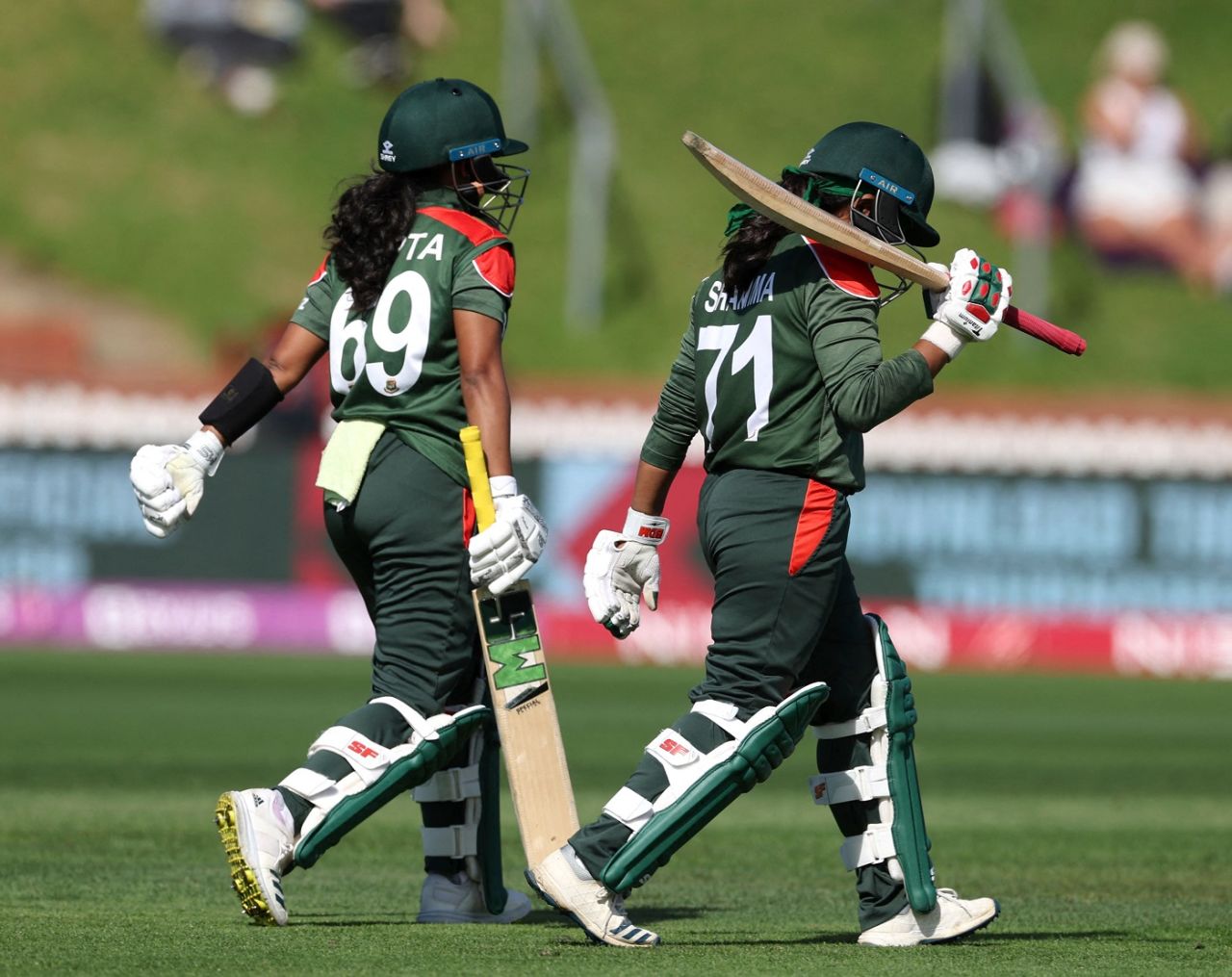 Openers Sharmin Akhter and Shamima Sultana walk out to bat, England vs Bangladesh, Women's World Cup 2022, Wellington, March 27, 2022