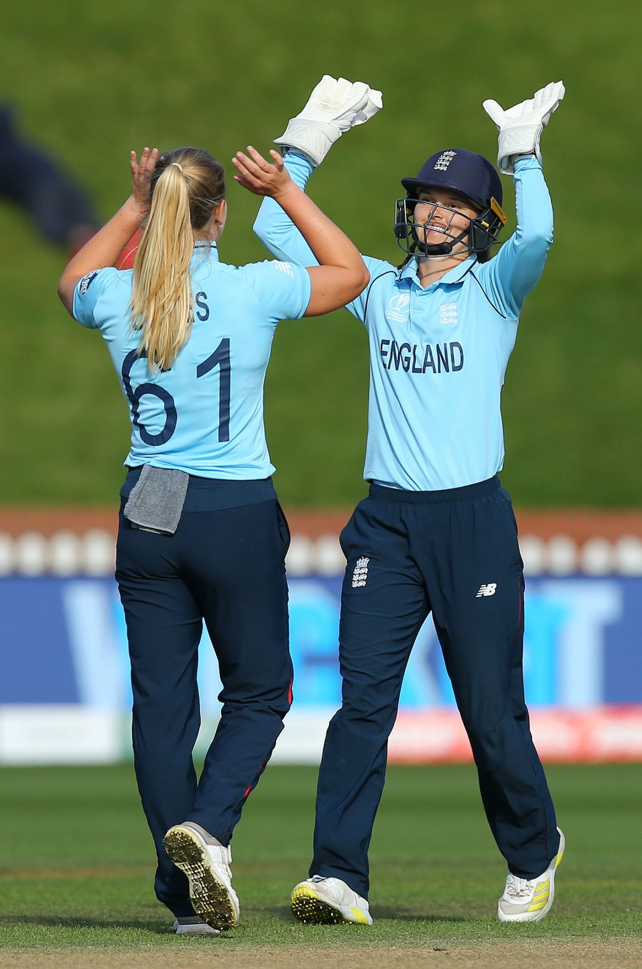 Freya Davies celebrates the dismissal of Rumana Ahmed with Amy Jones, England vs Bangladesh, Women's World Cup 2022, Wellington, March 27, 2022 