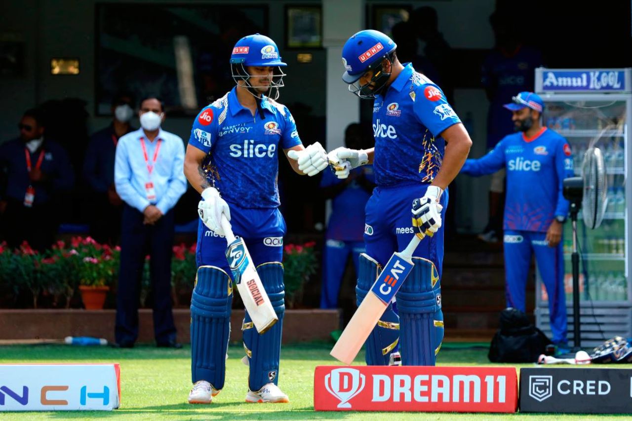 Ishan Kishan and Rohit Sharma pep each other up, Mumbai Indians v Delhi Capitals, IPL 2022, Brabourne Stadium, Mumbai, March 27, 2022