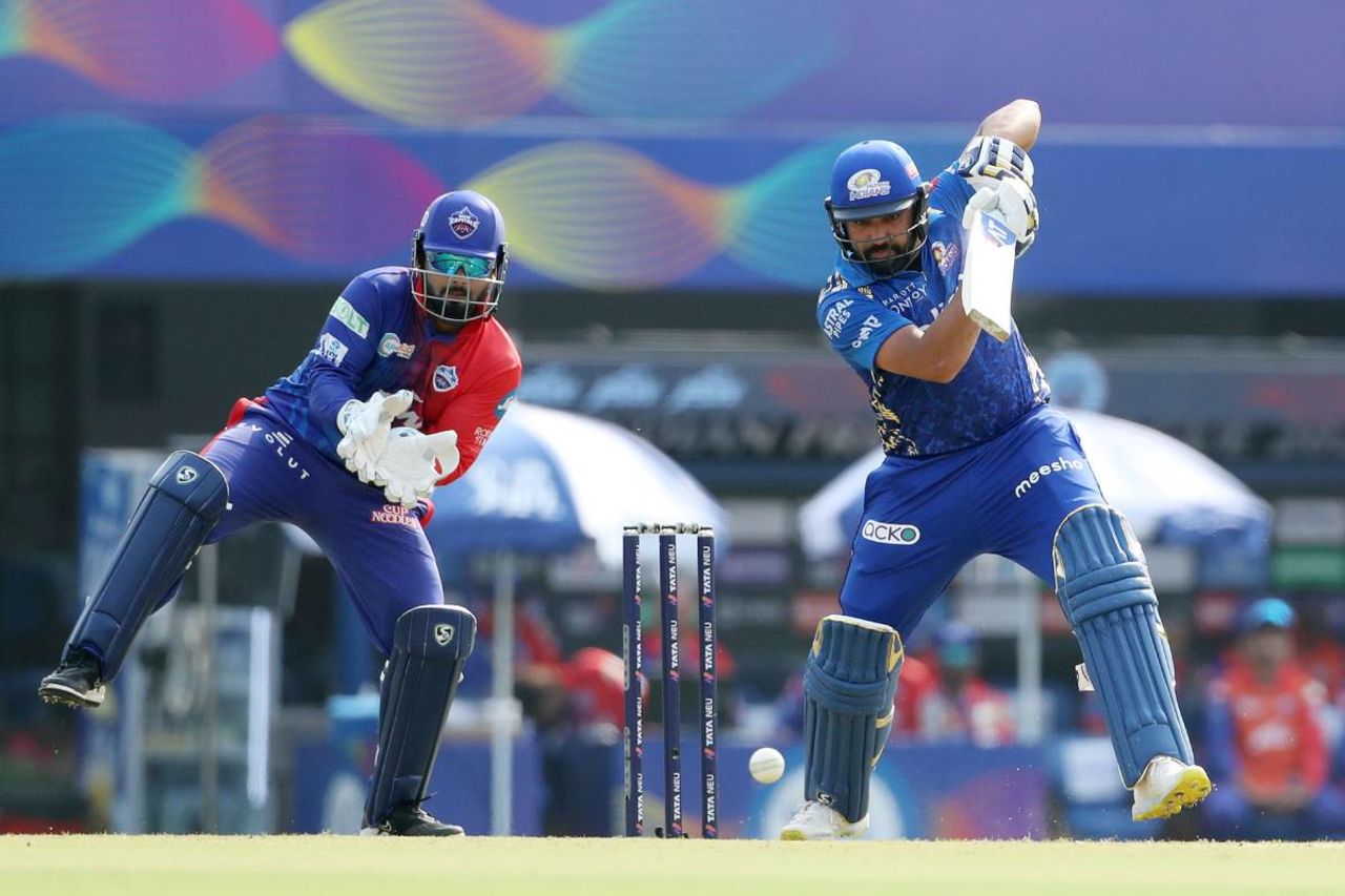 Rohit Sharma punches off the backfoot, Mumbai Indians v Delhi Capitals, IPL 2022, Brabourne Stadium, Mumbai, March 27, 2022