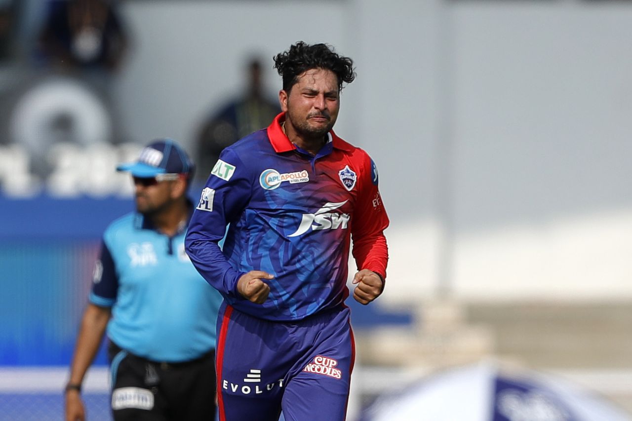 Kuldeep Yadav celebrates after picking up Rohit Sharma's wicket, Delhi Capitals vs Mumbai Indians, IPL 2022, Mumbai, March 27, 2022